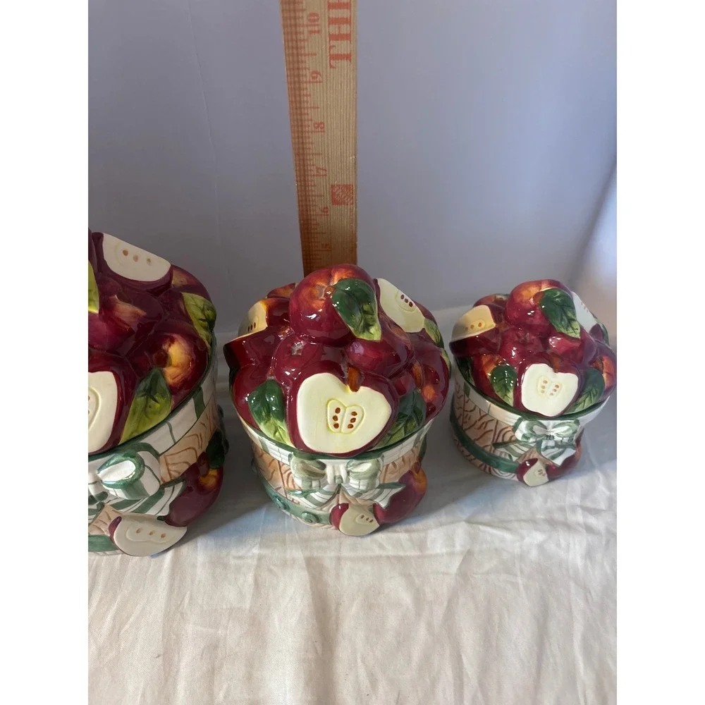 Apple Basket Canister Set 4 Piece Red Ceramic Farmhouse Kitchen‎ Decor Excellent